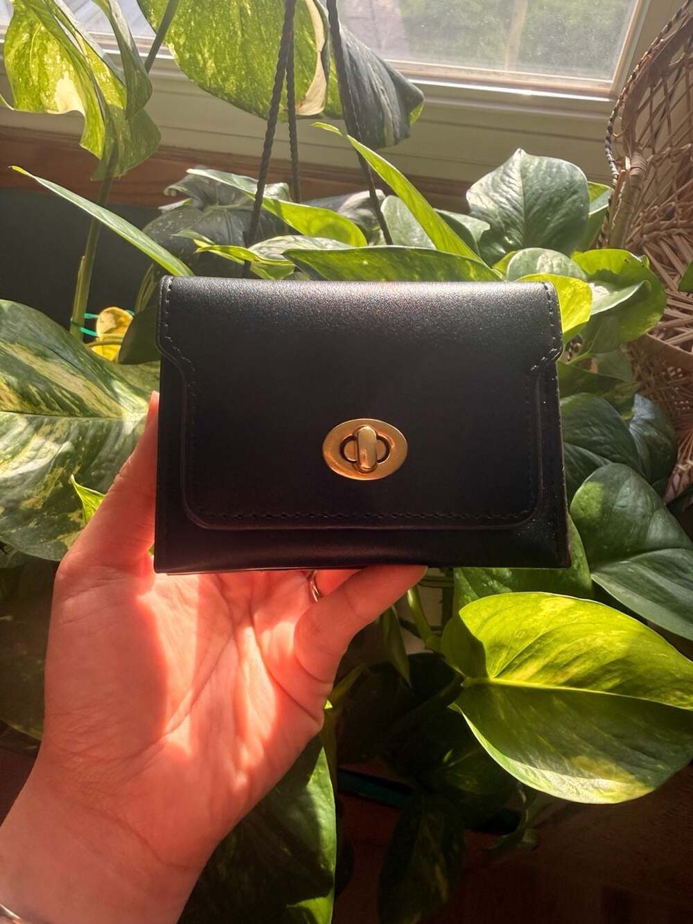 Genuine Black Leather Turnlock Accordion Card Case